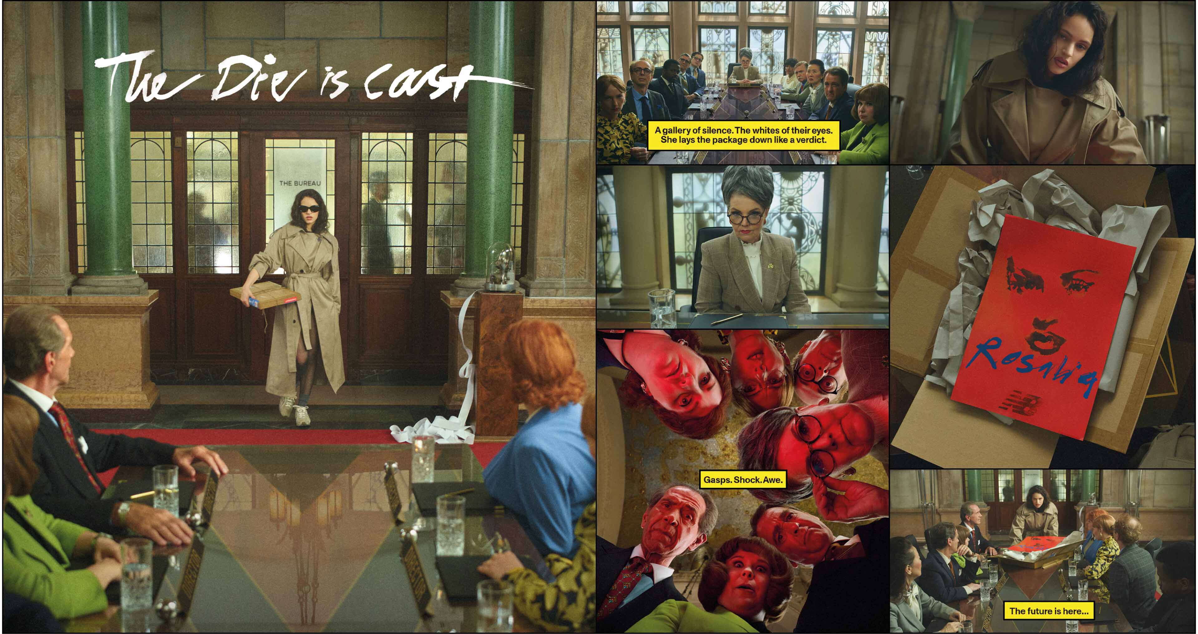 Pictures in a comic collage of Rosal&iacute;a walking into a board room full of well-dressed people. She hands them a package, and they look inside to find a poster of her with the New Balance logo. 