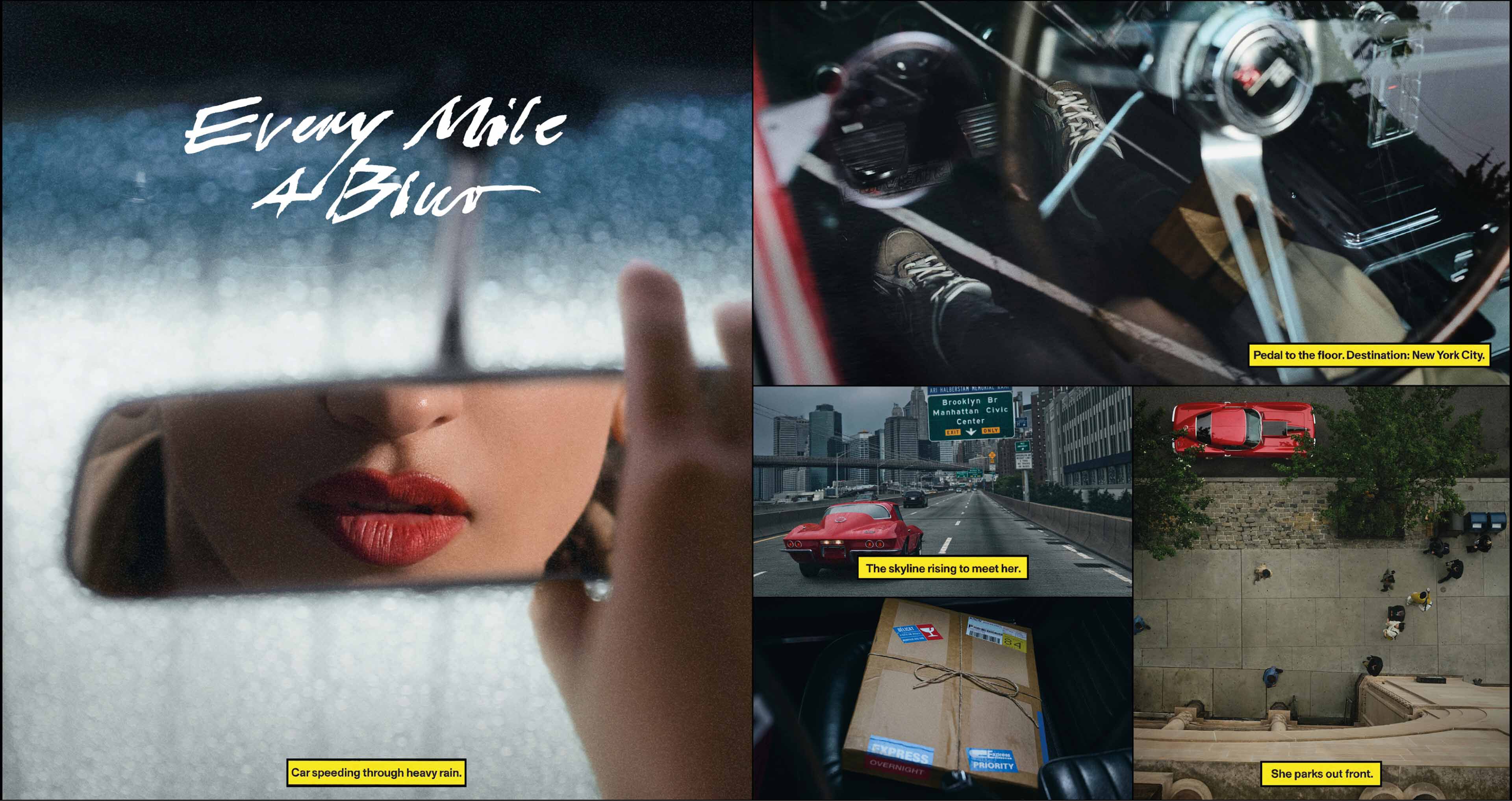 Pictures in a comic collage of Rosal&iacute;a driving in a red sports car down a highway and arriving at a building that she walks into. 