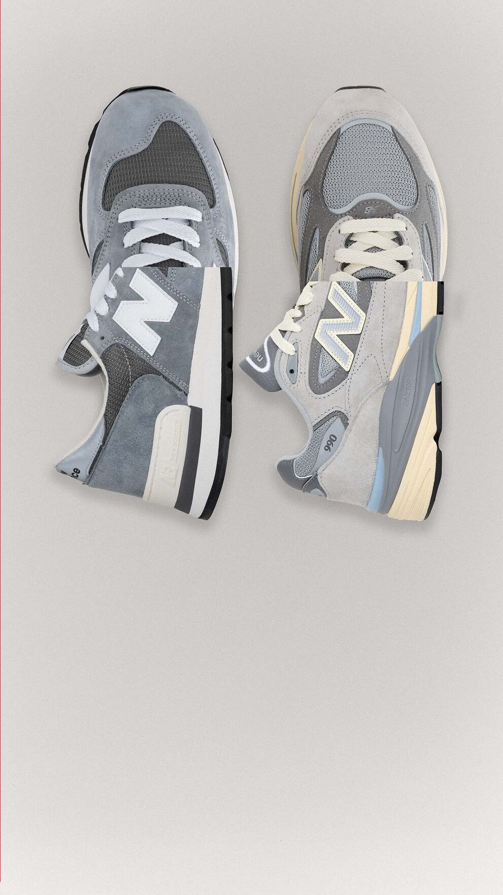 990v1 與 990v7 鞋款於灰色背景呈直線陳列。