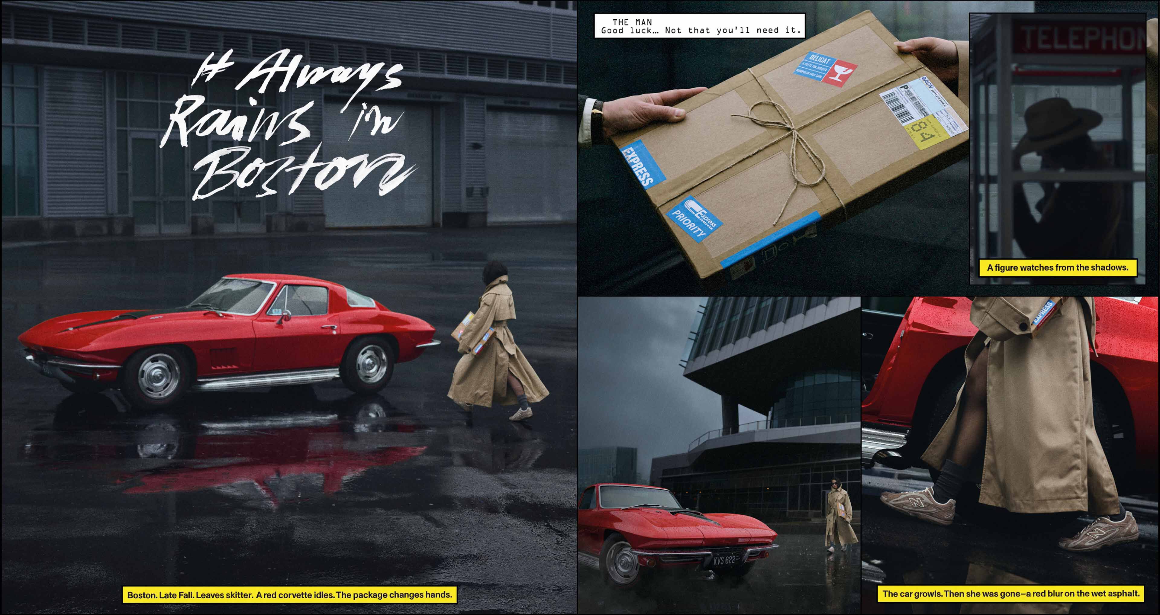 Pictures in a comic collage of Rosal&iacute;a being handed a package and walking to a car. 