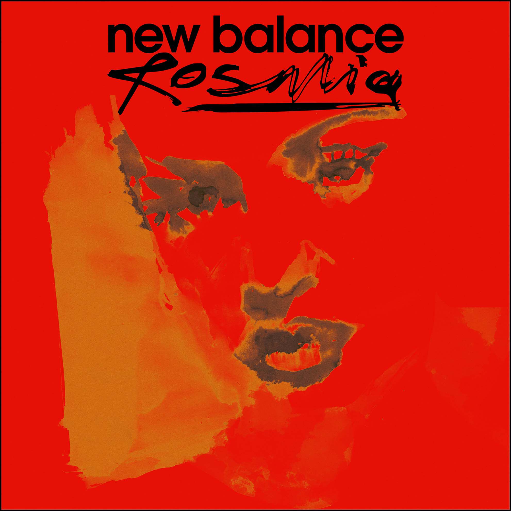 A painting of Rosal&iacute;a&rsquo;s face silhoutte against a red background with the words New Balance and Rosal&iacute;a written on it. 