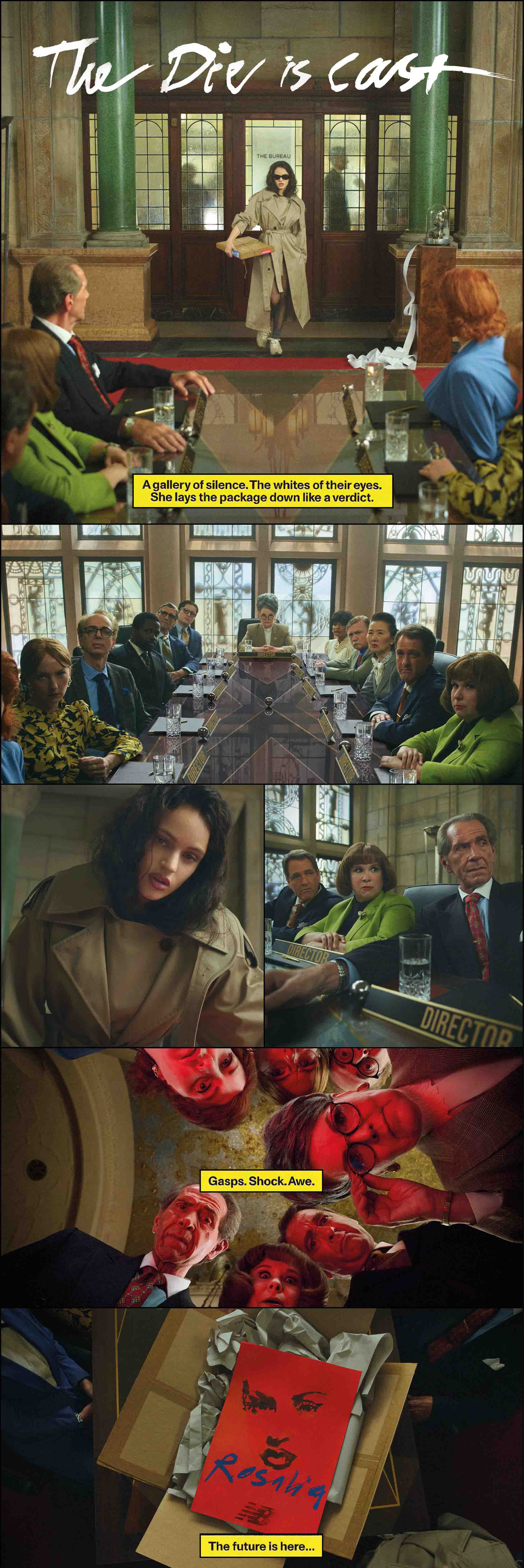 Pictures in a comic collage of Rosal&iacute;a walking into a board room full of well-dressed people. She hands them a package, and they look inside to find a poster of her with the New Balance logo. 